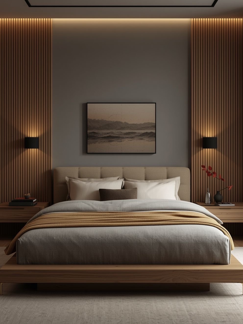 Теплая спальня с мягкой геометрией.